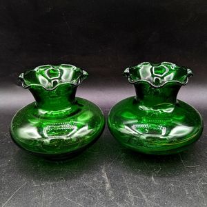 Two Vintage Forest Green Anchor Hocking 3" Glass Vase Ruffled Top